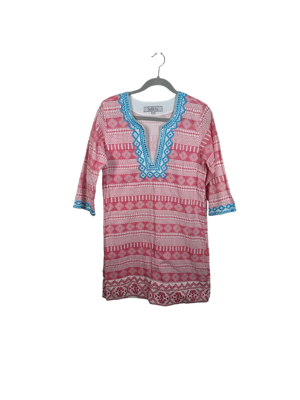 Bella Tu Tunic Dress Womens Medium Pink Embroidered Cotton Boho Short 3/4 Sleeve
